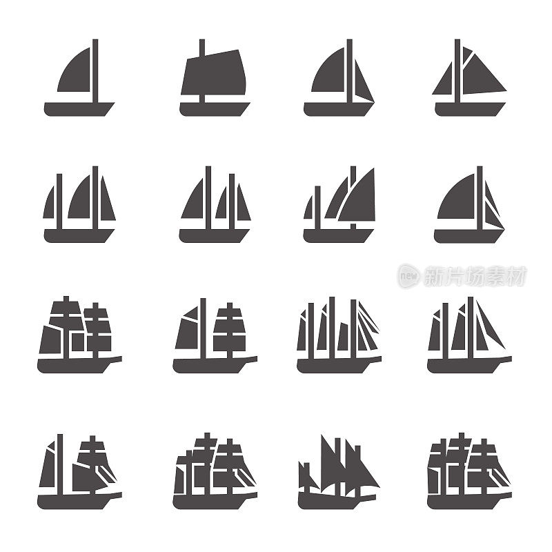 Icons of sailing ships in glyph style